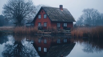 Obraz premium Red thatched house reflected in calm water.
