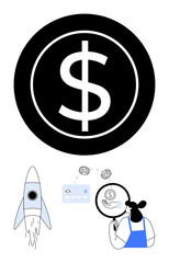 Large dollar symbol coin, woman with magnifying glass examining coin, credit card with arrows, and rocket launching. Ideal for finance, investment, banking, growth, analysis e-commerce start-ups
