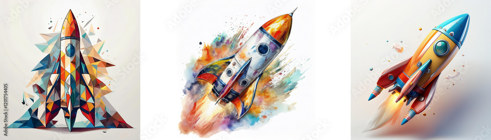 Poster three vibrant rockets, rendered in watercolor style, depict dynamic launch sequences. each rocket sh