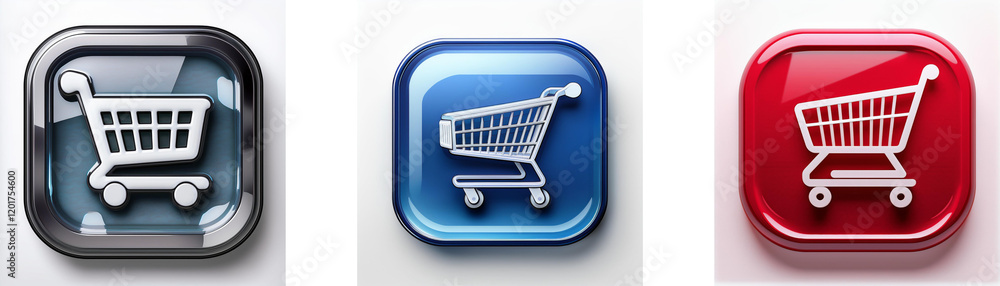 Aufkleber Three glossy square buttons showcase a shopping cart icon in gray, blue, and red.  Each button features a realistic, three-dimensional effect.