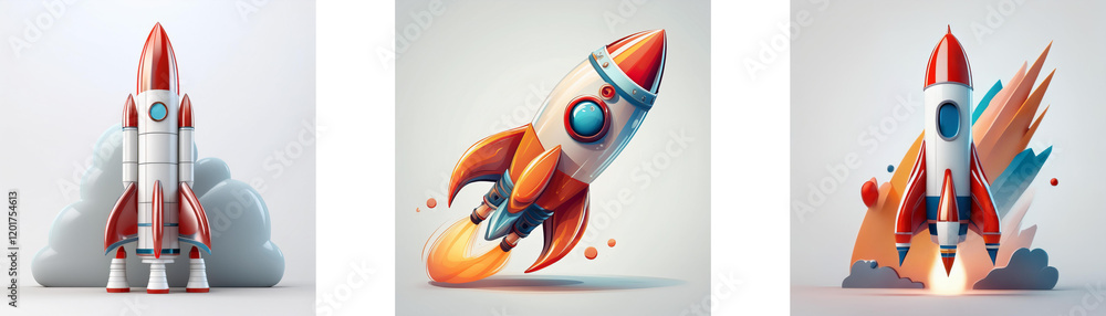 Poster three stylized rockets, ready for launch, showcase dynamic designs and vibrant colors. one is poised
