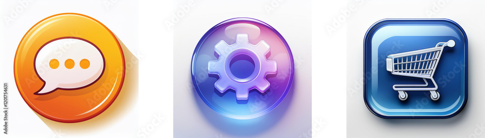Poster three glossy buttons depict communication, settings, and shopping. each button features a relevant i