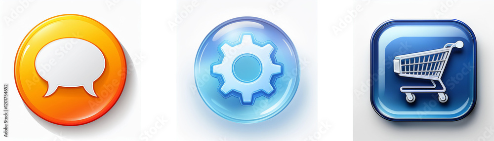 Poster Three glossy buttons depict communication, settings, and shopping.  Each button features a distinct icon for intuitive user interaction.