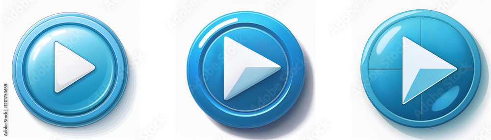 Fototapete Three glossy blue circular buttons feature a white play symbol, suggesting media playback or start functionality.  Variations in button design are shown.