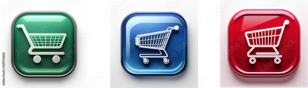 Aufkleber Three glossy square buttons feature a shopping cart icon in green, blue, and red.  Each button offers a different color scheme for online shopping or e-commerce.