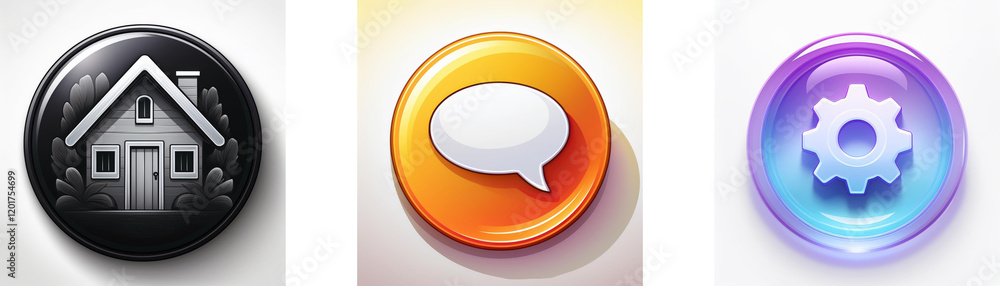Poster three glossy circular buttons depict home, chat, and settings. simple icons against vibrant backgrou