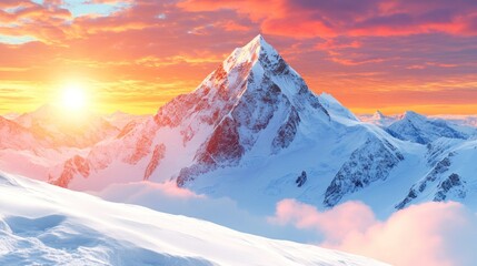 Majestic Snow-Capped Mountain Peak at Sunset with Vibrant Hues and Partial Cloud Cover