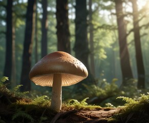 Fototapeta premium A solitary common bonnet mushroom stretches its cap towards the light filtering through the forest canopy, botany, wild mushrooms, mushroom