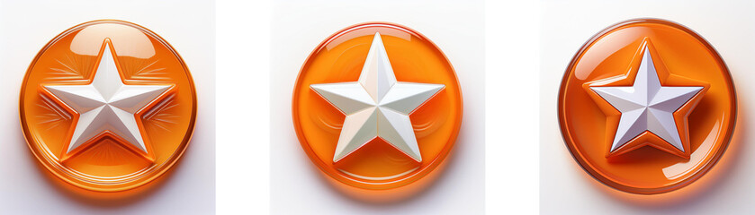 Fototapeta premium Three glossy orange circles, each featuring an embossed, off-white five-pointed star. The stars are centrally positioned.