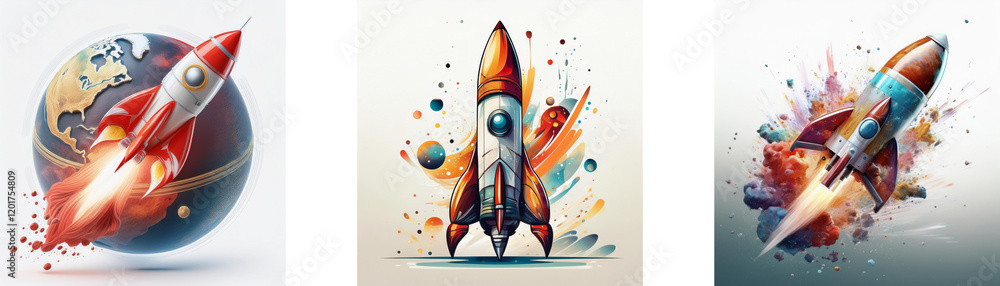 Poster three vibrant rocket illustrations showcase dynamic launches. one depicts liftoff from earth, anothe