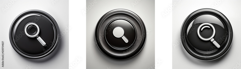 Poster Three glossy black circular buttons feature a magnifying glass icon, each with a slightly different design and shading.  Search, explore, and find are implied.