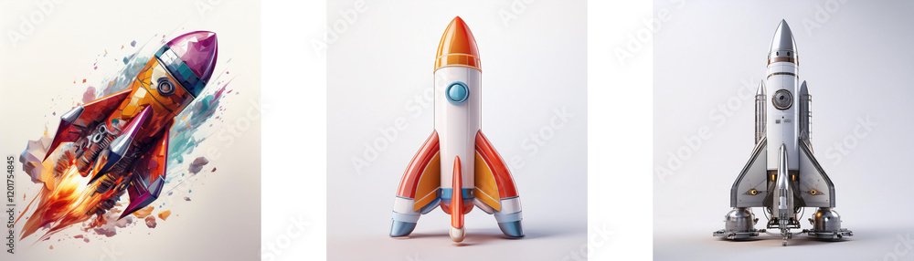 Aufkleber Three unique rockets, each with distinct design and style, representing innovation and space exploration.