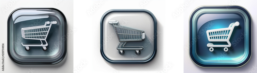 Aufkleber Three square buttons feature a shopping cart icon;  variations in color and style highlight online purchasing.
