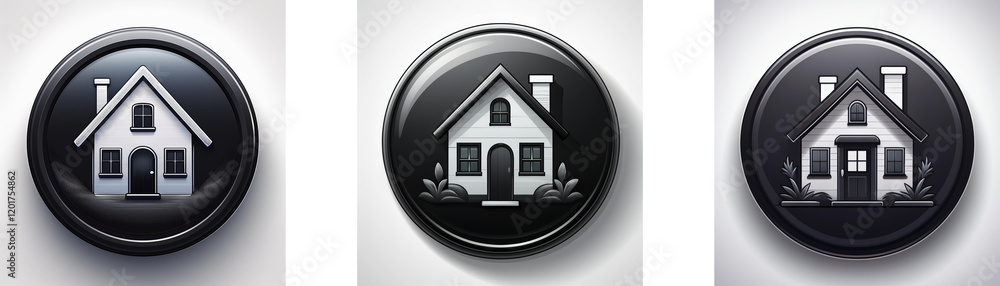 Aufkleber Three glossy black circular buttons feature a simple grayscale house icon; variations include landscaping details.