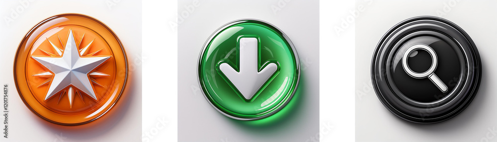 Poster three glossy buttons display simple icons: a star, a downward arrow, and a magnifying glass. each bu