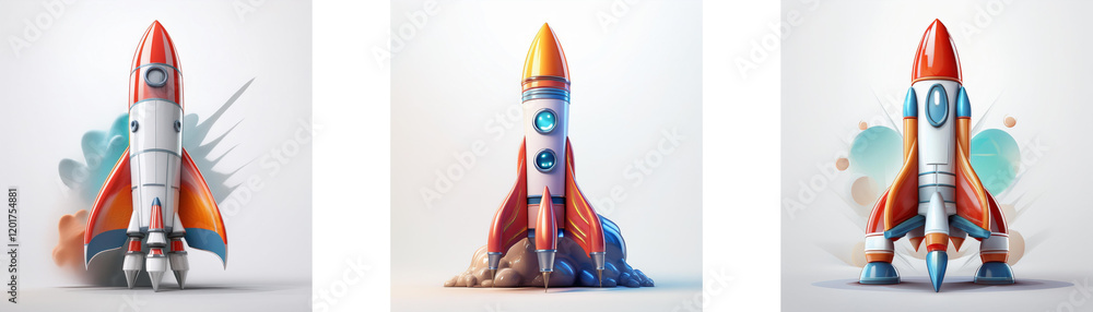 Aufkleber three stylized rockets, each with unique design and launch pose, symbolize innovation and progress.