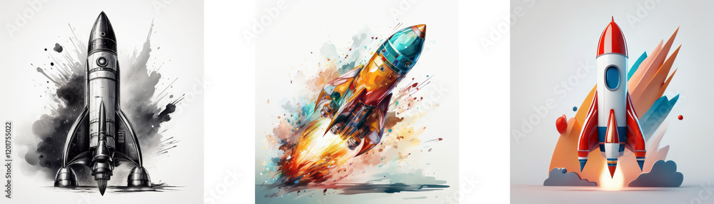 Poster three rocket launch illustrations in varying artistic styles: monochrome sketch, vibrant watercolor,