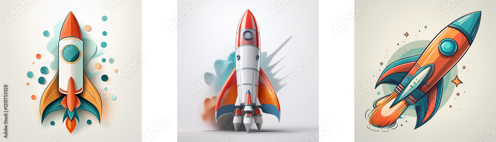 Poster Three stylized rockets, each with unique design and color scheme, against different backgrounds.  They represent launching, innovation, and speed.