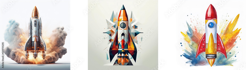 Aufkleber three rockets launching, showcasing different artistic styles and explosive takeoffs. one bursts fro