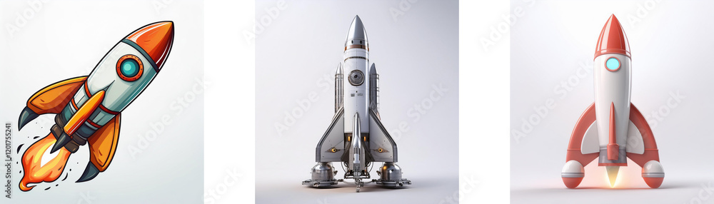 Poster three rocket illustrations in varying styles. one is a cartoon drawing, another is a realistic 3d re