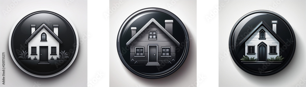 Poster three glossy black circular buttons feature monochrome house icons; simple home designs with subtle 
