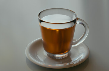 A serene 3D render of a glass cup filled with tea on a white saucer, reflecting minimal elegance and warmth.