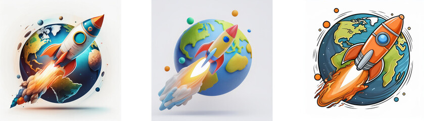 Three vibrant illustrations depict rockets launching from Earth, symbolizing progress, innovation, and global reach.