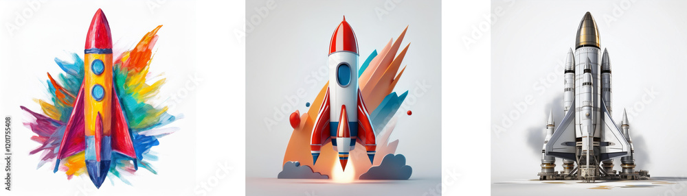 Poster three vibrant rockets, each with unique design and style, symbolize innovation, launch, and progress