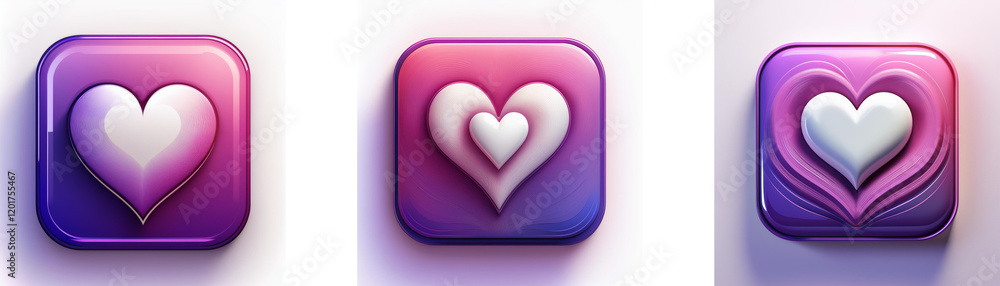 Poster Three square buttons showcase different variations of a white heart on a pink and purple gradient background.  The hearts are 3D and glossy.