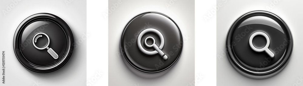 Leinwandbilder three glossy black circular buttons feature a magnifying glass icon; variations in icon design.