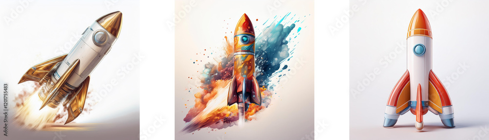 Poster three rockets, depicted in various styles and colors, ready for launch. one is gold and white, anoth