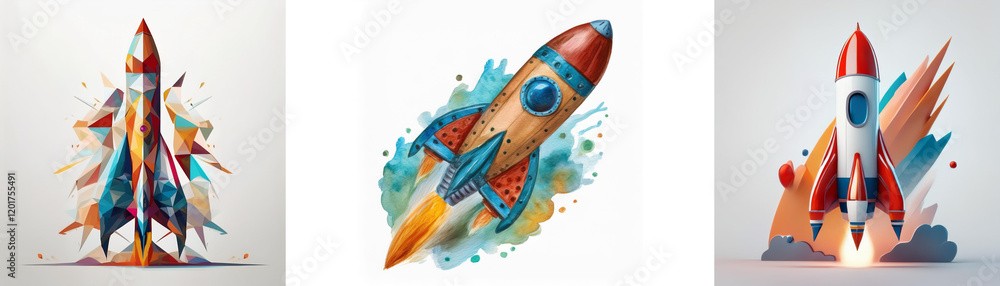 Fototapete three vibrant rockets ascend, each depicted in a unique artistic style with dynamic watercolor splas