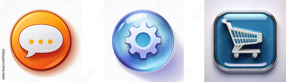 Aufkleber Three glossy buttons depict communication, settings, and shopping.  They represent key app functions.