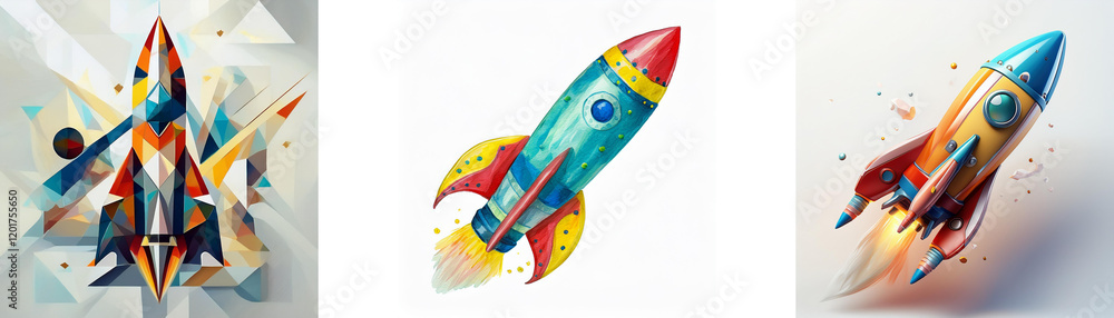 Poster trippy, colorful rockets soaring through abstract space, showcasing dynamic motion and vibrant hues.