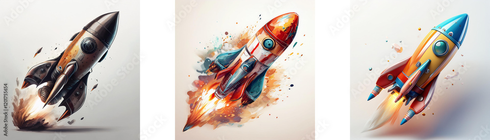 Poster Three rockets ascend, each with unique color schemes and styles, leaving fiery trails.  They represent speed, innovation, and a journey into the unknown.
