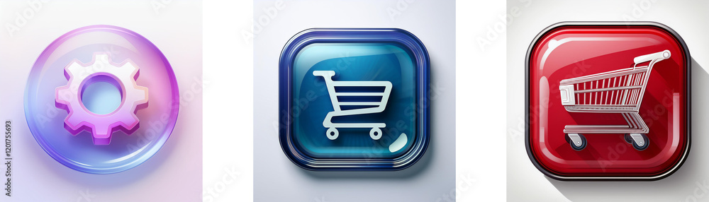 Aufkleber three glossy buttons showcase settings, shopping cart icons. a purple gear, blue and red cart symbol