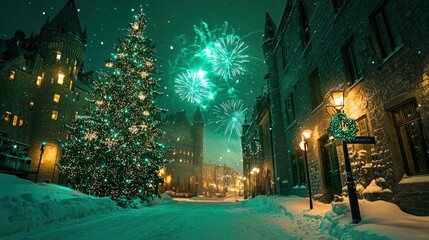 Snowy street scene with Christmas tree and fireworks at night.