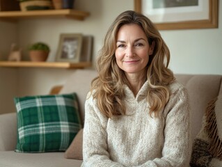Naklejka premium Woman in Knit Sweater Posing for Home Decor Photo