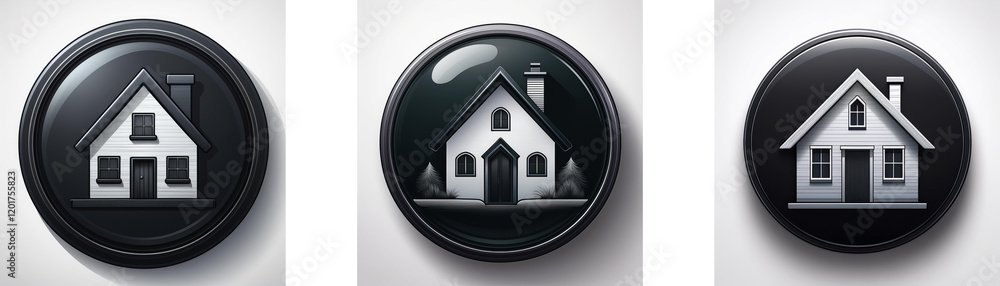 Aufkleber Three glossy black circular buttons feature a minimalist grayscale house icon; subtle design variations highlight architectural details and landscaping.