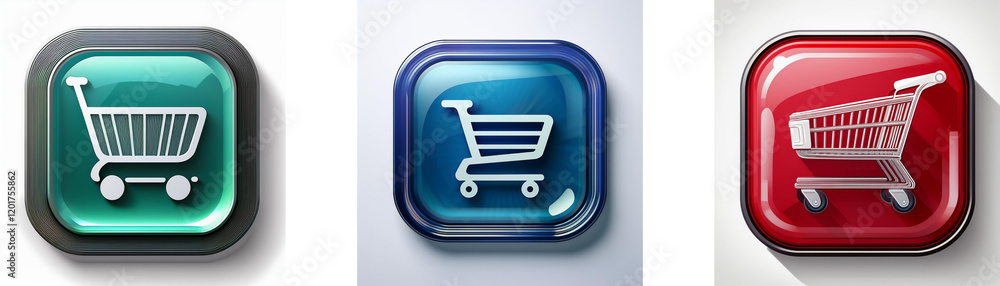 Aufkleber three glossy square buttons display a shopping cart icon in teal, blue, and red. each button feature