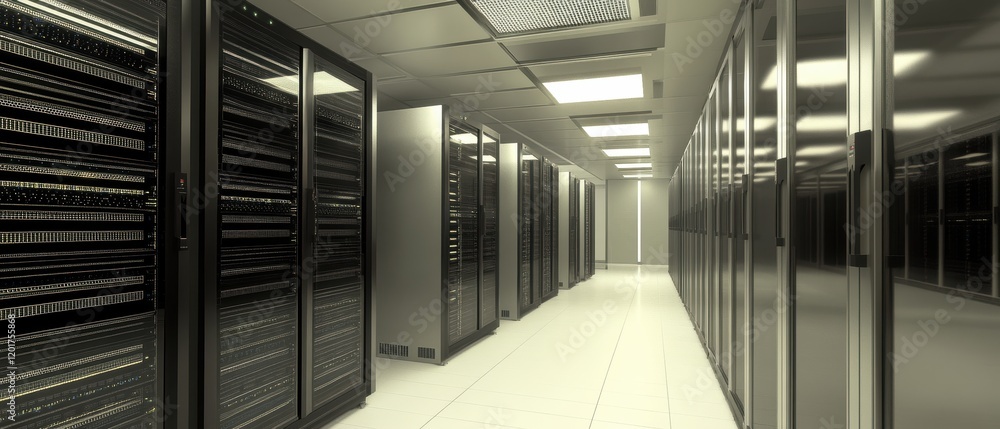 Poster exploring gigapixel server room imagery digital art and modern technological architecture