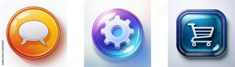 Aufkleber three glossy buttons feature communication, settings, and shopping cart icons. modern, colorful app 