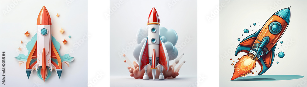 Poster three stylized rockets in various launch stages; one poised, one launching, one in flight. symbolic 
