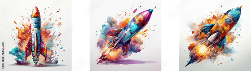 Poster Three vibrant rockets burst through colorful paint splashes, symbolizing creativity and innovation.  Each rocket displays unique design and color variations.