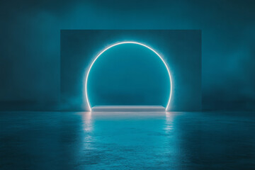 Modern Neon Portal in a Misty Blue Space Featuring a Geometric Backdrop and Illuminated Circular Entryway