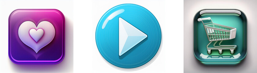 Three glossy buttons: a heart, a play symbol, and a shopping cart.  Each represents love, media, and commerce.