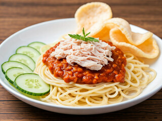 : A mouthwatering plate of Indonesian-style spaghetti topped with a savory spicy sauce, tender shredded chicken, fresh cucumber slices, and crispy crackers.