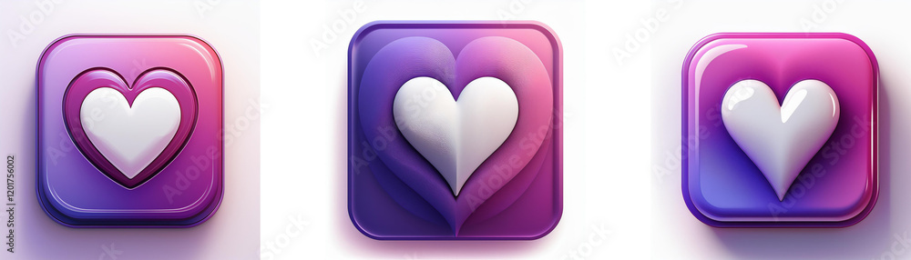 Aufkleber three glossy square icons featuring a white heart on a purple-pink gradient background. the hearts v