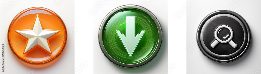 Poster three glossy circular buttons feature a star, downward arrow, and magnifying glass. these represent 