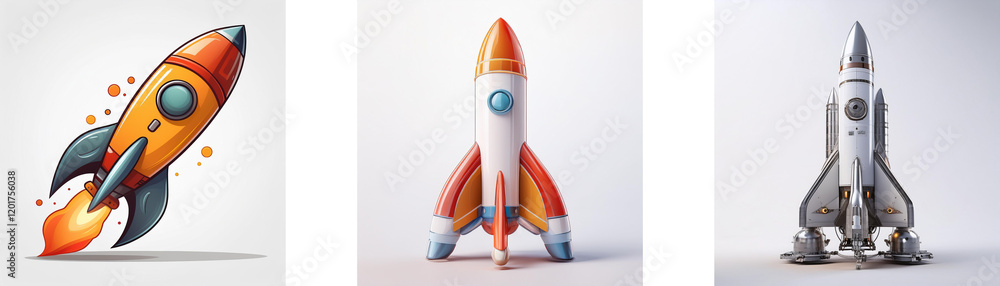 Poster three rockets, each with unique design and style, symbolize space exploration, innovation, and futur